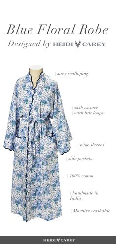 Cozy night Robes for Womens Blue Floral Robe with Navy Scalloping. Handmade Robe for Women. Heidi Carey Collection. #cozyrobes #nightrobes #robes Flowy Blue Floral Print Kimono, Elegant Blue Floral Print Kimono, Blue Floral Print Robe For Home, Homewear Woman, Luxury Blue Printed Kimono, Homewear Fashion, Robe For Women, Robes For Women, Blue Printed One-size Kimono