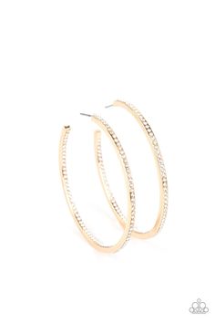 Paparazzi Accessories - Marquee Magic - Gold Hoop Earrings - Bling by JessieK Paparazzi Accessories, White Rhinestone, Paparazzi Jewelry, Gold Hoops, Gold Hoop, Gold Hoop Earrings, Jewelry Party, Matching Earrings, Rose Gold Ring