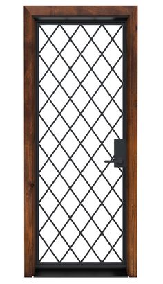 an open wooden door with metal bars on the top and bottom, against a white background