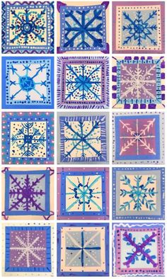 nine snowflakes are shown in different colors and patterns, each with an individual's own design