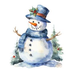 a watercolor painting of a snowman wearing a blue hat and scarf with holly berries