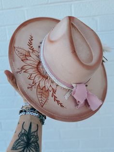 This hat is a suede/polyester mix.  It has an adjustable under headband and fits MOST head sizes from 18"-24".  Each hat is handmade and can vary slightly. Sunflower Burned Hat, Fedora Hat Outfit Summer, Hat Outfit Summer, Fedora Hat Outfits, Womens Western Hats, Burned Hats, Boho Hats, Pyrography Ideas, Hat Burning