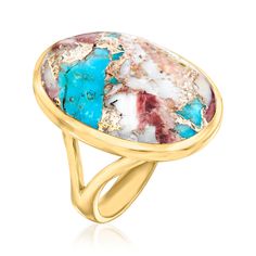 Ross-Simons - Kingman Turquoise Ring in 18kt Gold Over Sterling. Size 8. For well over 1,000 years, turquoise from the Kingman Turquoise Mine in Arizona has been a major source of this captivating blue and green-hued gemstone. On this statement ring, a 25x18mm stabilized turquoise oval cabochon exhibits a distinct marbled look as it sits within a band of polished 18kt yellow gold over sterling silver. 1" wide. Due to the nature of the turquoise, colors in each unique piece will vary. Stabilized Fine Jewelry Gold Turquoise Multi-stone Ring, Gold Turquoise Multi-stone Oval Ring, Gold Oval Turquoise Multi-stone Ring, Gold Oval Multi-stone Turquoise Ring, Kingman Turquoise, Oval Cabochon, Statement Ring, Turquoise Ring, Statement Rings