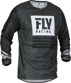 the fly racing jersey is shown in black and white