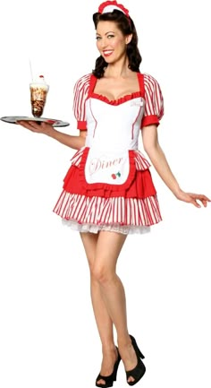 Diner Delight Costume Ice Cream Costume, Red And White Striped Dress, Decades Costumes, Apple Costume, Cocktail Waitress, American Diner