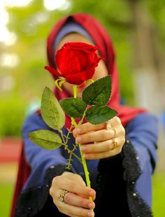 a woman holding a red rose in her hands