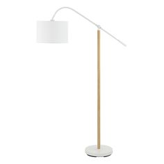 a white floor lamp with a wooden base and a white shade on the light bulb