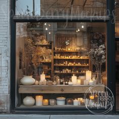 a store window with candles and vases in it