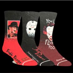 3 Pairs Of Horror Themed Men’s Crew Socks Featuring Freddy Krueger Of Nightmare On Elm Street, Jason Voorhees Of Friday The 13th, And Pennywise Of It. Sock Size 10-13; Shoe Size 8-12 Socks Are New In Box, Box Has Evidence Of Shelf Wear And May Be Slightly Dinged But That In No Way Affects The Condition Of The Socks. Great Gift Idea For The Halloween Season. Orders Ship Fast! Orders Are Processed Quickly And Ready To Ship Within One Business Day. Please Be Mindful Of Purchases Made On Weekends An Horror Themed Gifts, It Friday, Mens Crew Socks, Jason Voorhees, Elm Street, Freddy Krueger, Nightmare On Elm Street, Friday The 13th, Halloween Season