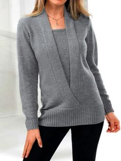 Gray Casual Graphic Tops Long Sleeve Solid Sweaters Cropped Knitted Jumper, Estilo Hipster, Solid Color Sweater, Winter Pullover, Winter Trends, Warm Sweaters, Collar Sweater, Ribbed Knit Sweater, Denim Overalls