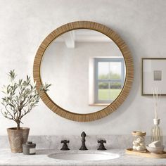 a bathroom sink with a round mirror above it next to a potted plant and other items