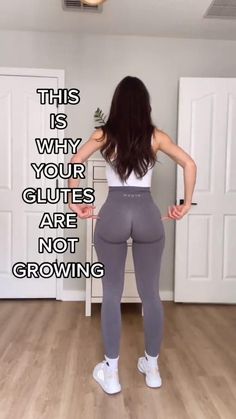 a woman in grey pants and white top standing on a wooden floor with the words, this is why your glites are not growing