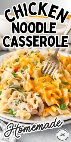 chicken noodle casserole on a plate with a fork