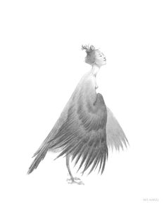 a black and white drawing of a bird