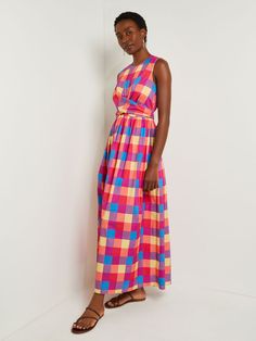 Discover the quality craftsmanship and comfort of Misook's Maxi Tie Waist Dress - Plaid Cotton Blend in Radiant Pink/Adriatic Blue/Parchment. All of our designer knitwear and wovens come with complimentary shipping and returns. Tie Waist Dress, Plaid Dress, Knitwear Design, Cotton Blend, Knitwear, Plaid, Pink, Blue, Clothes