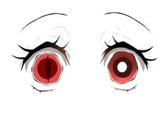 an anime character's eyes with red and white circles on the iris, as well as their eyelashes