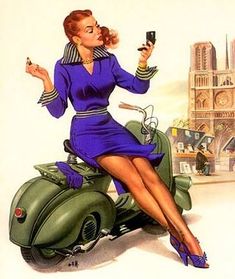 a woman sitting on top of a green scooter while holding a cell phone