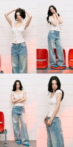 four photos of a woman posing in jeans