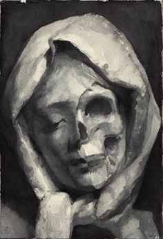 a black and white painting of a woman's head with her hands on her face