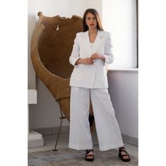 Our Linen Suit for Women by Le Brand is made of: ℘ Carefully chosen fabrics, finest quality and perfect finishes  In the delicate but impressive details you can feel the love we have been working with! So when wearing this garment always have in mind how special and important person YOU are!   ℘ Sizes: From XS to XL - check out the size chart in the last picture   ℘ Custom fit: Your comfort in essential to us, so we can make the garment specially with your measurements. Please, make sure to writ Wedding Linen Set With Notch Lapel, Wedding Linen Sets With Notch Lapel, Tailored White Pants For Wedding, Elegant White Linen Sets, White Linen Wedding Blazer, White Linen Formal Sets, Formal White Linen Sets, Women Linen Clothing, Linen Suits Women