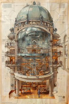 an architectural drawing of a large building with lots of windows and balconies on it