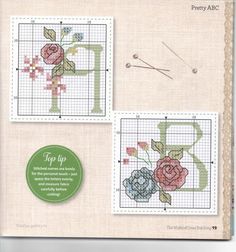 the cross stitch pattern book has three pictures of flowers on it, one with a needle and