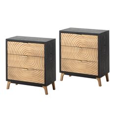 two black and wood nightstands with wooden handles