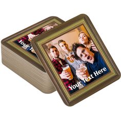 two coasters with an image of three men drinking beer and the words your text here on them