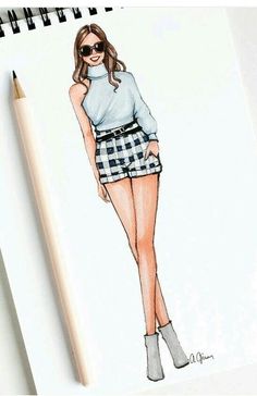 a drawing of a woman in plaid shorts and boots, with sunglasses on her head