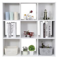 a white shelf filled with lots of different items