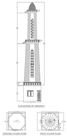 an architectural drawing of a lighthouse with the measurements for each floor plan and elevations