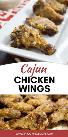 chicken wings on a white plate with the title saying cajun chicken wings