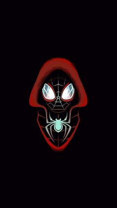 the spider man mask with glowing eyes and red hoodie is shown against a black background