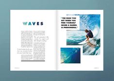 an open book with images of surfers and waves