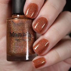 Firefly Copper Pearl Holographic Nail Polish | Maniology Cinnamon Color Nails, Cooper Nails Design, September Birthday Nails, Pearl Nail, Purple Holographic, Orange Nail Polish, Orange Nail, Shimmer Nail Polish, Pastel Nail Polish