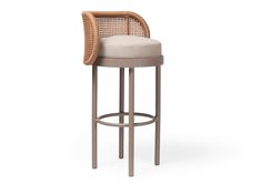 an upholstered bar stool with a cushion on the back and seat, viewed from the front