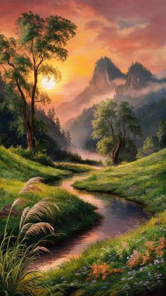 a painting of a stream running through a lush green field