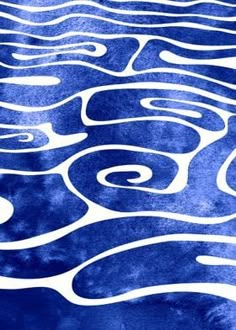 an abstract blue and white painting with wavy lines in the water, on a white background