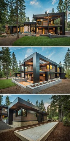 three different views of a modern house in the middle of trees and grass, with one showing