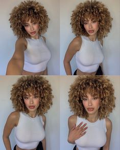 Blonde Curls Black Women, Blonde Afro Hair, Blonde Curly Hair Black Women, Honey Blonde Afro, Afro Aesthetic, White Top Outfit, White Afro, Outfit Minimal