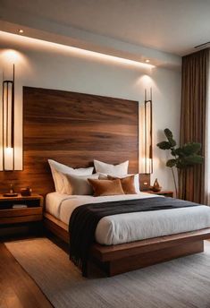 Interior Design Inspo Wooden Interior Design Bedroom, Backdrop For Bedroom, Masculine Mid Century Modern Bedroom, Hotel Like Bedroom, Bedroom Ideas Wooden Bed, Modern Warm Bedroom, Mcm Bedroom Ideas, Bedroom Headboard Design, Retro Home Design