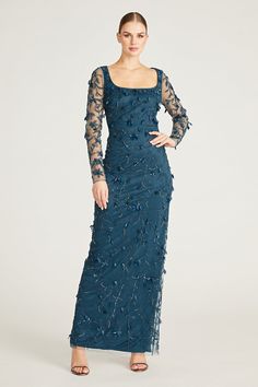 Hera Long Sleeve Petal Gown Petal Gown, Theia Dresses, Couture Beading, Designer Formal Dresses, High Low Gown, Moroccan Blue, Column Gown, Sheer Sleeves, Bridal Wear