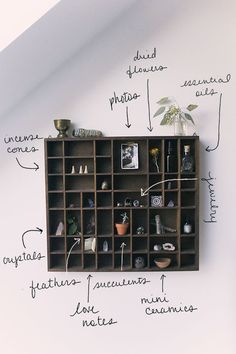 a shelf with many different things on it and labeled in black letters that spell out the words