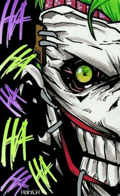 a drawing of the joker with green eyes and white teeth is featured in this image