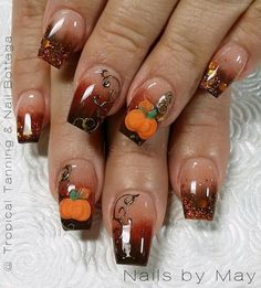 Halloween Acrylic Nails, Fall Gel Nails, Fall Nail Art Designs, French Nail Designs, Fall Acrylic Nails