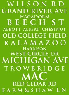 a green poster with the names of different cities in white letters on a green background