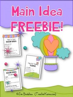 an image of a poster with the words main idea freebie and two hot air balloons