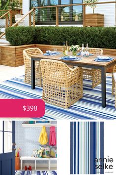 an outdoor dining area with blue and white striped rugs, wicker chairs and table