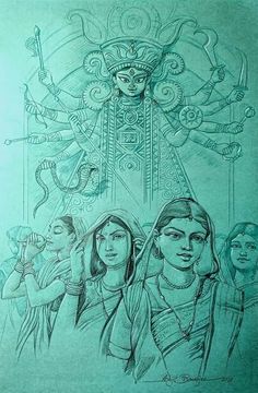 a drawing of three women standing in front of a sun god with two snakes on her head