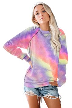 Multicolor Patchwork Raglan Sleeve Pullover Sweatshirt Patchwork Sweatshirt, Raglan Sleeve Sweatshirt, Purple Tie Dye, Purple Tie, Tie Dye Print, Camo Print, Top Pattern, Printed Sweatshirts, Outerwear Women